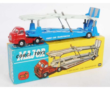 A Corgi Toys No. 1101 Bedford Carrimore car transporter comprising of red cab and chassis with blue and off-white rear traile