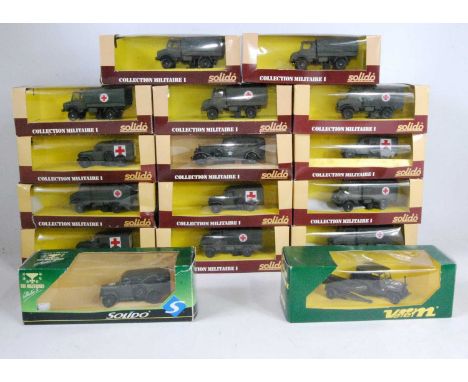 16 various Solido 1/43 scale military diecasts to include a Dodge WC54 recovery vehicle, a Mercedes Ambulance, and others