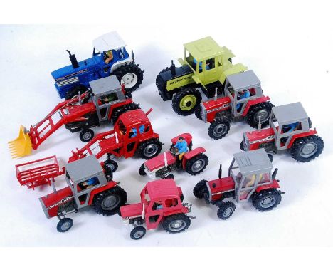 One tray containing ten various mixed Britains farm tractors to include a Britains Ford TW35 tractor, a Britains No. 595 Mass