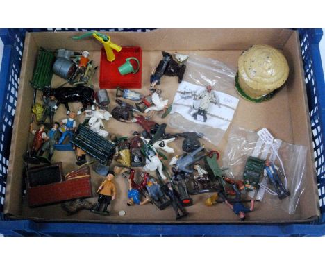 Two trays containing a quantity of various mixed Britains John Hillco, Crescent, Cherilea and other white metal and hollowcas