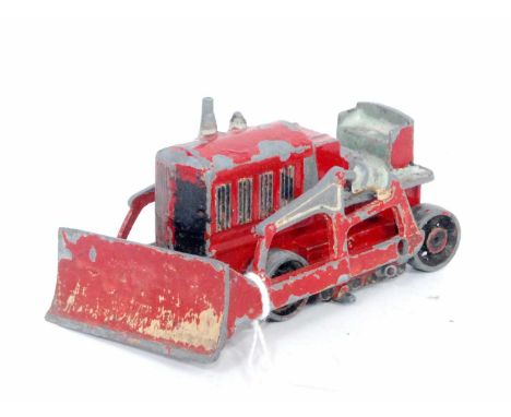 A MOKO diecast model of a mechanical tractor-bulldozer, has been overpainted in red and light green (with playwear and missin