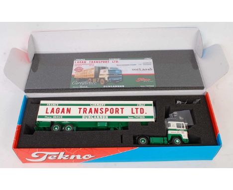 A Tekno 1/50 scale model of a Scania 141 tractor unit with refrigerated trailer finished with Lagan Transport Ltd livery, mod