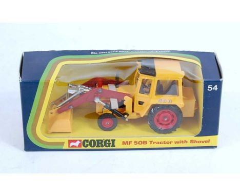 A Corgi Toys No. 54 Massey Ferguson MF50B tractor with shovel comprising yellow body with red fixtures and fittings and red p