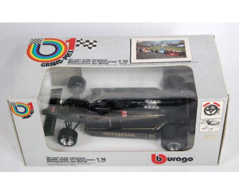 A Bburago 1/14 scale model of a Lotus JPS Mk4 1979 race car, housed in the original polystyrene packed window display box