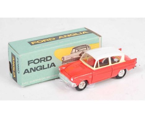 A Minialuxe plastic model of a Ford Anglia comprising of  an orange and white body with silver hubs, housed in the original a