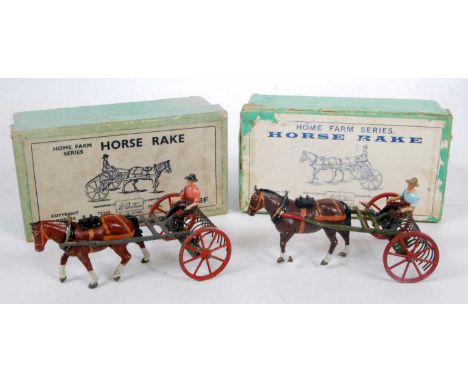 A Britains Farms Series No. 8F horse rake boxed group, one finished in light blue and red with farmhand figure, the other in 