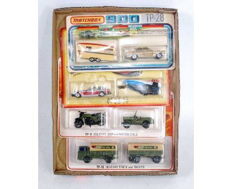 A Matchbox twin pack carded gift set group to include TP28 Ford Cortina and Caravan gift set, a Matchbox Hitch &amp; Haul Dat