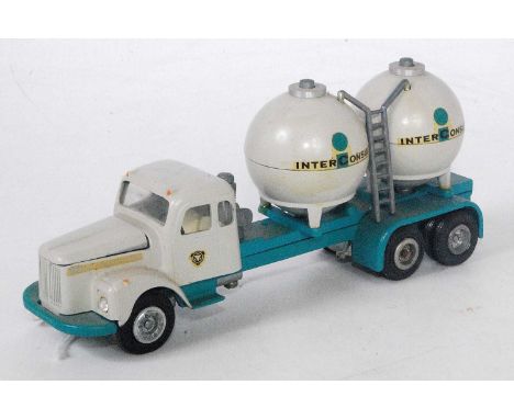 A Tekno No. 453 Scania cement transport lorry comprising grey cab with blue chassis with metal ladder and Inter Consult decal