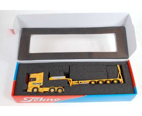 A Tekno 1/50 scale model of a Krommenhoek of Holland Scania R series Topline tractor unit with four axle Goldhofer low loader