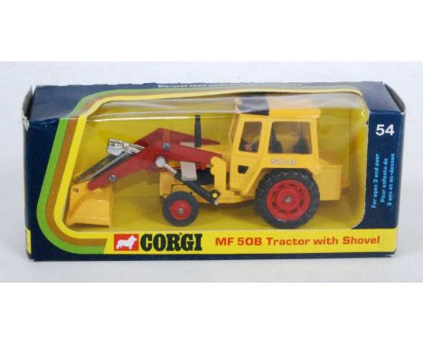A Corgi Toys No. 54 MF50B tractor with shovel comprising yellow body with red plastic hubs and driver figure, housed in the o