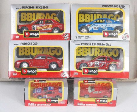 Six various boxed Bburago 1/25 and 1/43 scale racing and saloon diecasts to include a Porsche 924 Turbo GR2 and others, all i