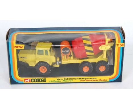 A Corgi Toys No. 1156 Volvo BM860X Rapier cement mixer, comprising of yellow, orange and red body with orange plastic hubs, h