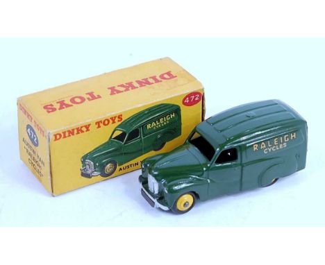 A Dinky Toys No. 472 Austin Raleigh Cycles delivery van, comprising dark green body with yellow hubs and Raleigh Cycles liver