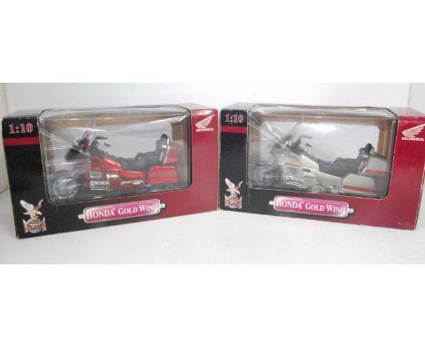 A Road Signature 1/10 scale boxed motorcycle group, both Honda Goldwing examples, one finished in  champagne gold, the other 