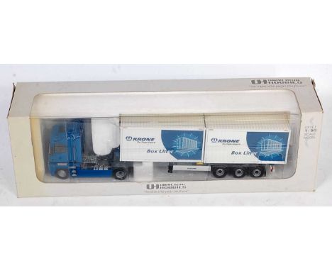 A Universal Hobbies Model No. 5634U 1/50 scale model of a Renault Magnum tractor unit with 2x20ft Krone box container load, f