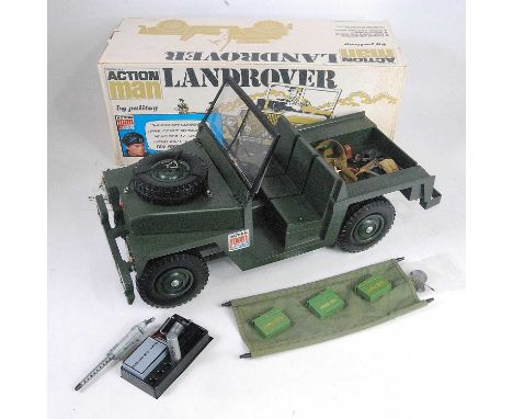 A Palitoy Action Man LandRover, housed in the original all-card box, model appears complete with steering wheel, gear lever a