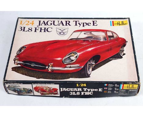 A Heller model No. 709 1/24 scale plastic kit for a Jaguar type E 3L8 FHC saloon, some parts away from sprue but appears unma