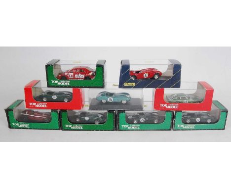 Nine various boxed 1/43 scale classic racing car diecasts all housed in original plastic casing and cardboard packaging, exam