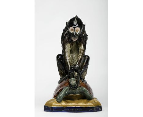 "Sloth and Mischief" - A monkey mounting a turtle, faience sculpture possibly by Copeland after original model by Louis Augus