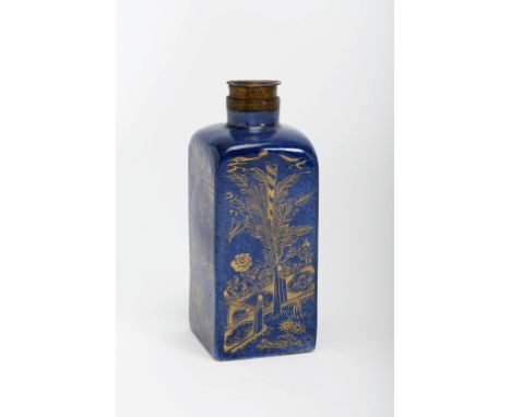 A square bottle, Chinese export porcelain, gilt "powder blue" decoration "Garden with trees and flowers", Chinese - Kangxi Pe