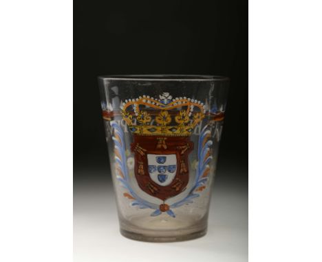 A glass, painted glass, polychrome decoration with the Coat of Arms of ythe kingdom of Portugal and inscription VIVAT REX IOS