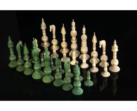 PEPYS Chess Pieces, turned ivory, one of the sets dyed green, India, 19th C., small gluing, minor faults. Notes: this piece w