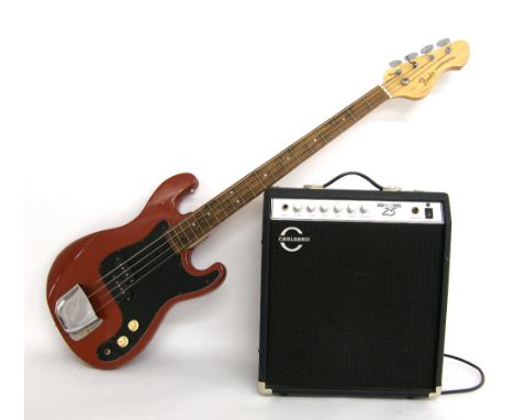 Bass guitar with Precision style pickups, bow to neck, electrics in working order, condition: poor; together with a Carlsbro 
