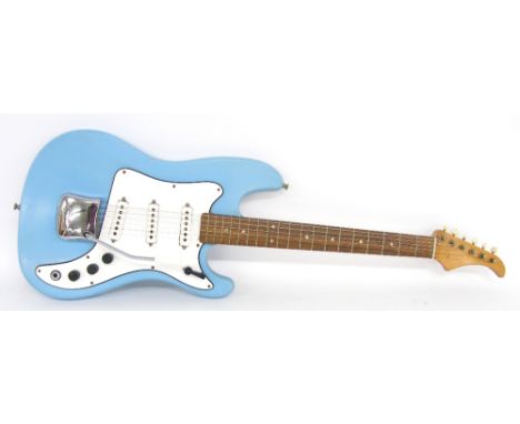 1960s Vox Super Ace electric guitar, blue finish with various blemishes, damage to headstock tip, electrics require attention