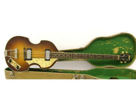1965 Hofner 500/1 violin bass guitar, made in Germany, ser. no. 2xx1, sunburst finish with typical wear for age, previous nec