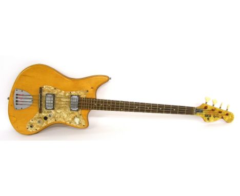 Mark Griffiths' 1960s Egmond Bass 9 bass guitar, ser. no. 1xxxxx2, Tolex removed to reveal natural wood finish, bow to neck, 