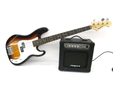 Aria STB-Series bass guitar, sunburst finish, soft case; together with an Aria AB-20 amplifier (2) 
