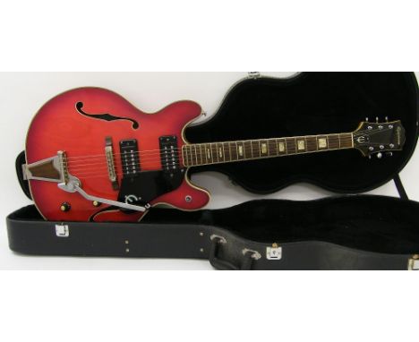 Epiphone EA-250 hollow body electric guitar, made in Japan, red finish with various minor surface marks, upgraded roller brid