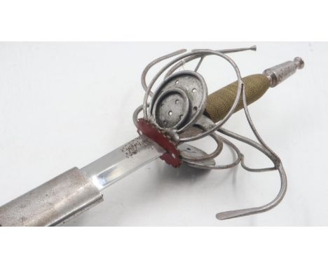Substantial re-enactment musketeer rapier sword with heavy detailed handle and leather scabbard. Not available for in-house P