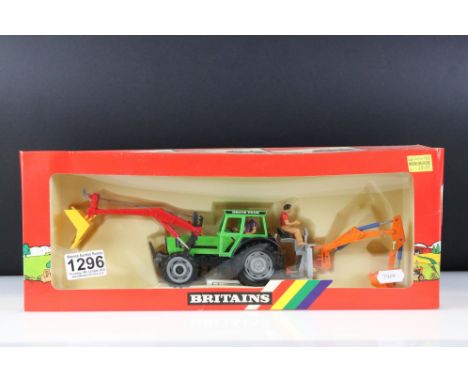 Boxed Britains 'The World Of Farm Models' 9613 Deutz with Front Loader, Rear Digger 1:32 diecast model set. (Diecast ex, box 