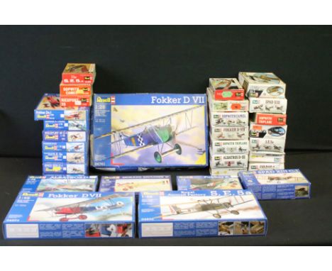 31 Boxed &amp; unbuilt Revell plastic model plane kits, mostly 1/72 scale, to include H-75 Sopwith Triplane, H-74 Albatros D-