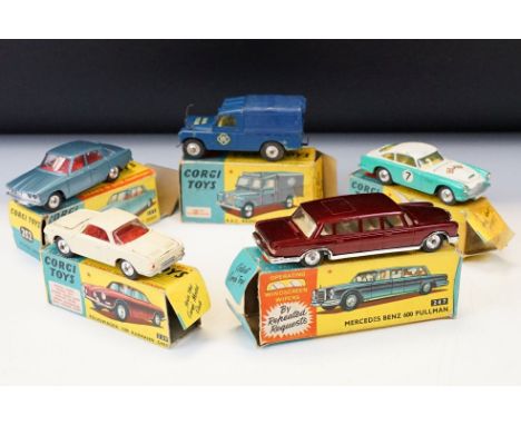 Five boxed Corgi diecast models to include 252 Rover 2000416S RAC Radio Rescue Land Rover, 239 Volkswagen 1500 Karmann Ghia, 