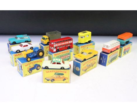 10 Boxed Matchbox 75 Series diecast models to include 39 Ford Tractor, 74 Daimler Bus, 8 Ford Mustang, 45 Ford Corsair &amp; 