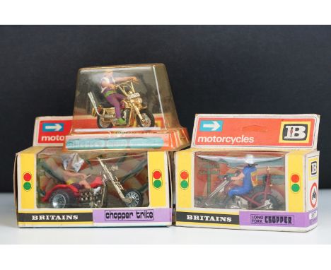 Three boxed Britains diecast models to include 2 x Motorcycles (9675 Chopper Trike &amp; 9677 Long Fork Chopper) and Chopper 