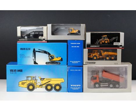 Nine boxed Volvo construction related diecast models to include 5 x Motorart (1/50 FM9 Construction Truck, 13086, 13042, VFL 