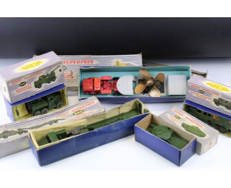 Five boxed Dinky Supertoys diecast models to include 986 Mighty Antar Low Loader with Propeller, 660 Tank Transporter, 689 Me