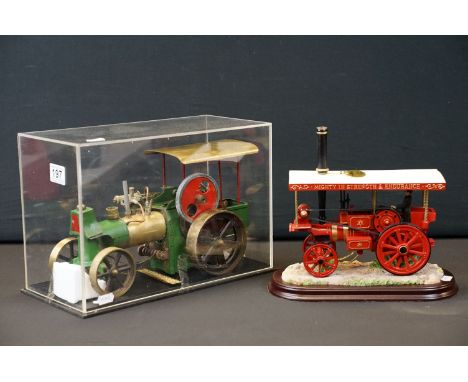 Scratch built metal / brass Steam Engine model painted green and red, contained within a plastic case, approx 12" in length, 