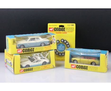 Three boxed Corgi diecast models to include 273 Rolls Royce Silver Shadow with spare tyre in two tone white/pale blue, 338 Ch