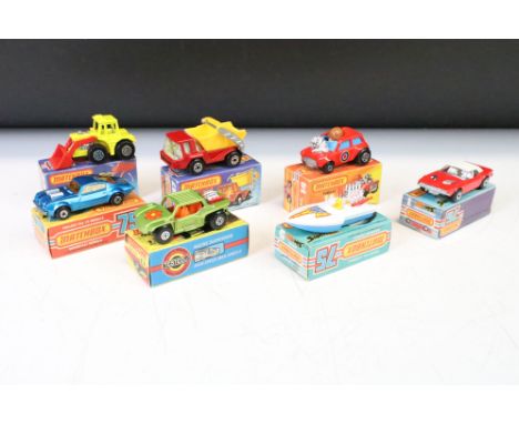Seven boxed Matchbox Superfast diecast models to include 14 Mini Ha Ha, 29 Tractor Shovel, 1 Dodge Challenger, 37 Skip Truck,