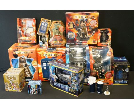 Collection of Doctor Who related items to include R/C Dalek: The Supreme, small and large R/C Davros, Tardis Cooler, Dalek Co
