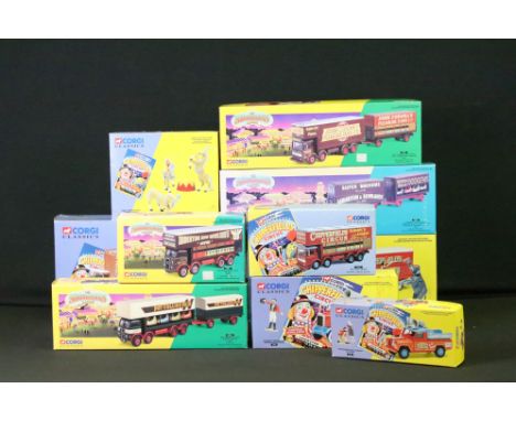 Ten boxed Corgi Classics diecast models to include 6 x 'Chipperfield Circus' Corgi Classics (11201 ERF KV Artic With Cages, 3