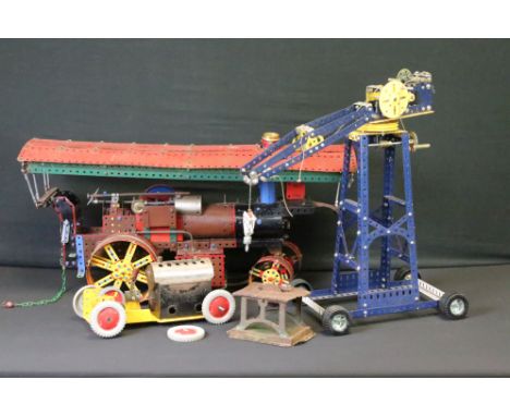 Three scratch built models using Meccano to include steam engine, crane and car/vehicle with Mamod burner, play wear and rust