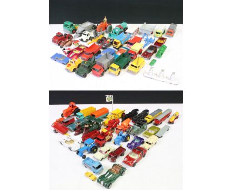 Around 60 mid 20th C onwards play worn diecast models, mostly Matchbox Lesney examples, also featuring Dinky 301 Field Marsha