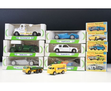 Five boxed Matchbox Superfast diecast models to include 56 BMC 1800 Pininfarina, 55 Police Car, 73 Mercury Commuter, 69 Rolls