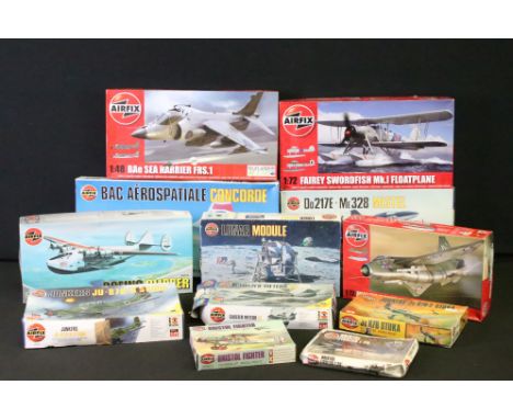 12 Boxed &amp; unbuilt Airfix plastic model kits, mostly aircraft kits, to include A05101 BAe Sea Harrier FRS.1, 03030 Junker