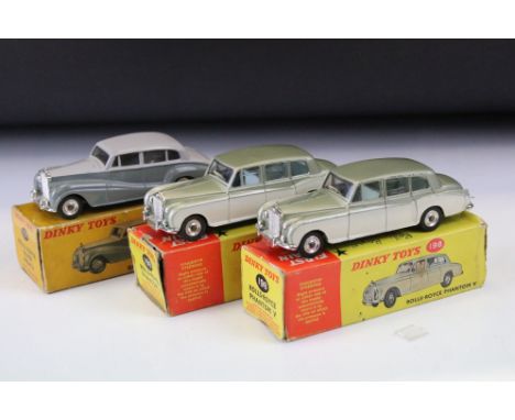 Three boxed Dinky Rolls Royce diecast models to include 2 x 198 Phantom V both in metallic light green over cream with pale b